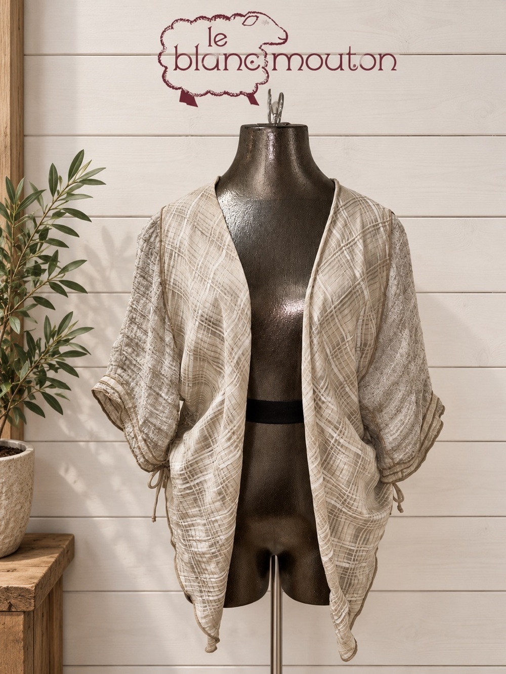 Le Blanc Mouton Artisanal Open Cardigan – Beige & Taupe – Taille S
